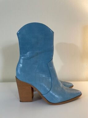 Sky Blue Croc-Embossed Heeled Ankle Boots